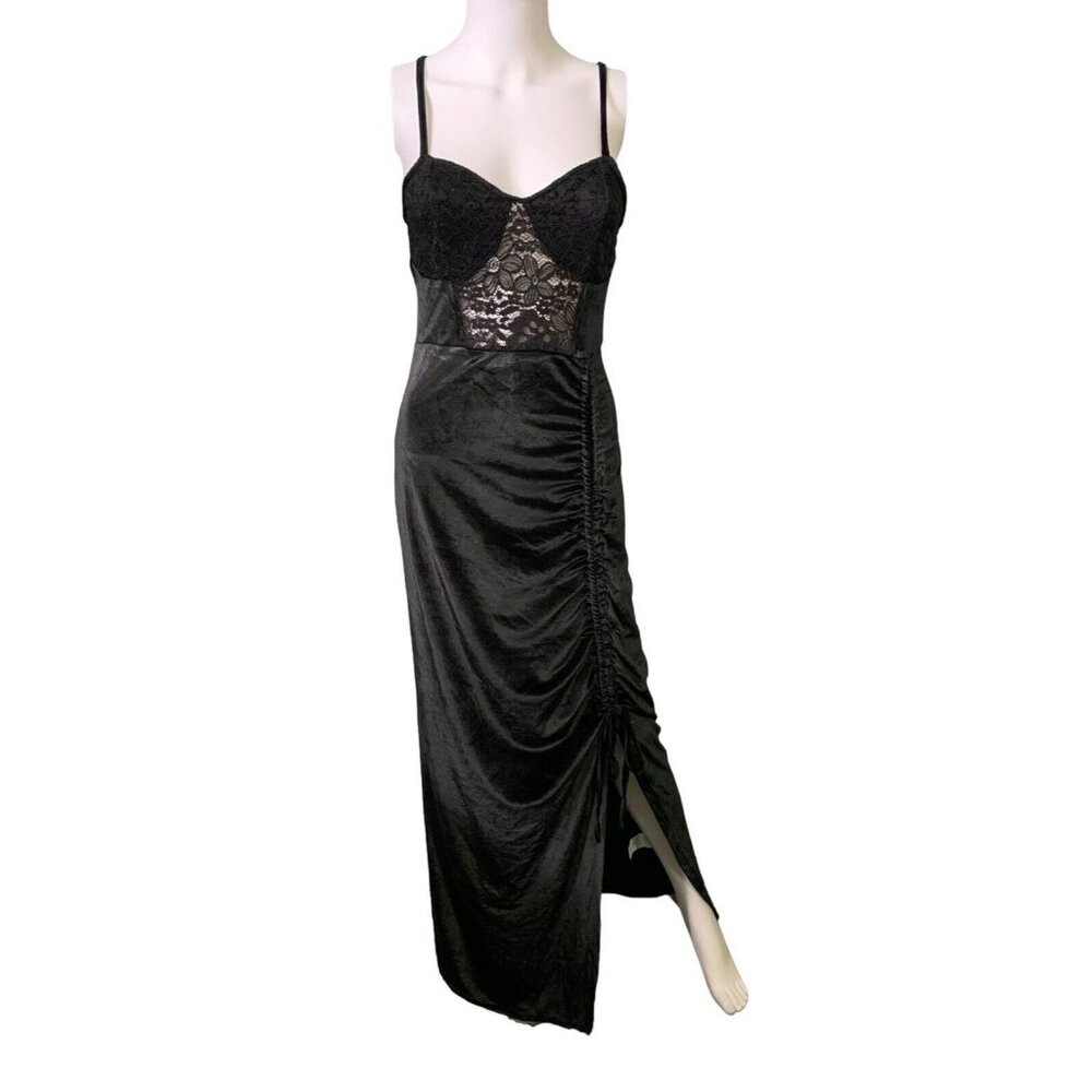 Suzanne Betro Ruched Side Velvet‎ Mermaid Prom Dress Size Small Black Long Lace